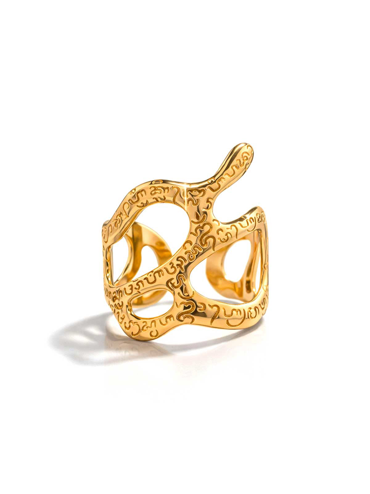 Gold bracelet with intricate design on a white background