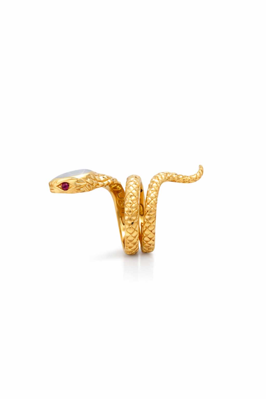 Gold snake-shaped ring on a white background