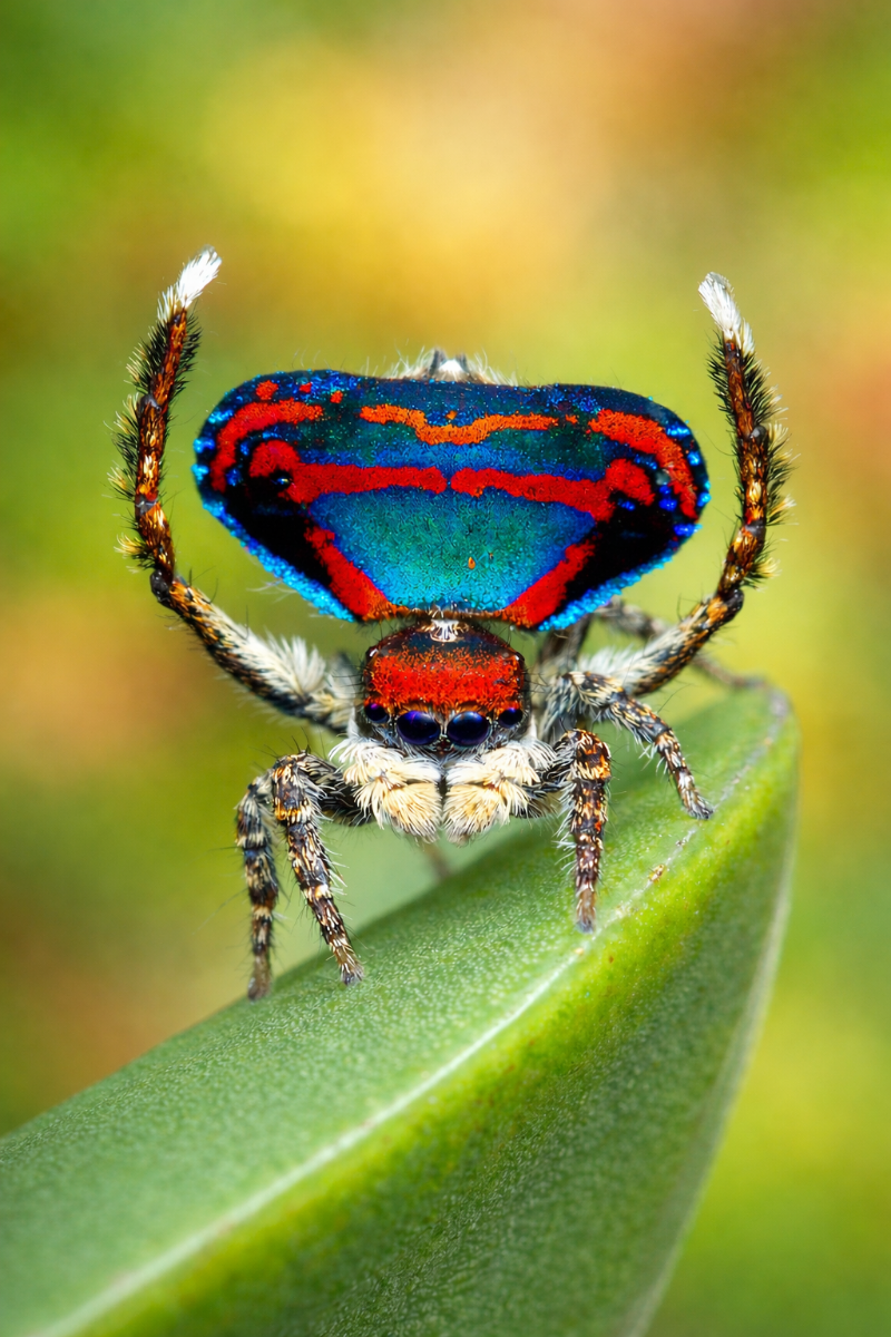 Colorful spider on a green leaf with a blurred natural background