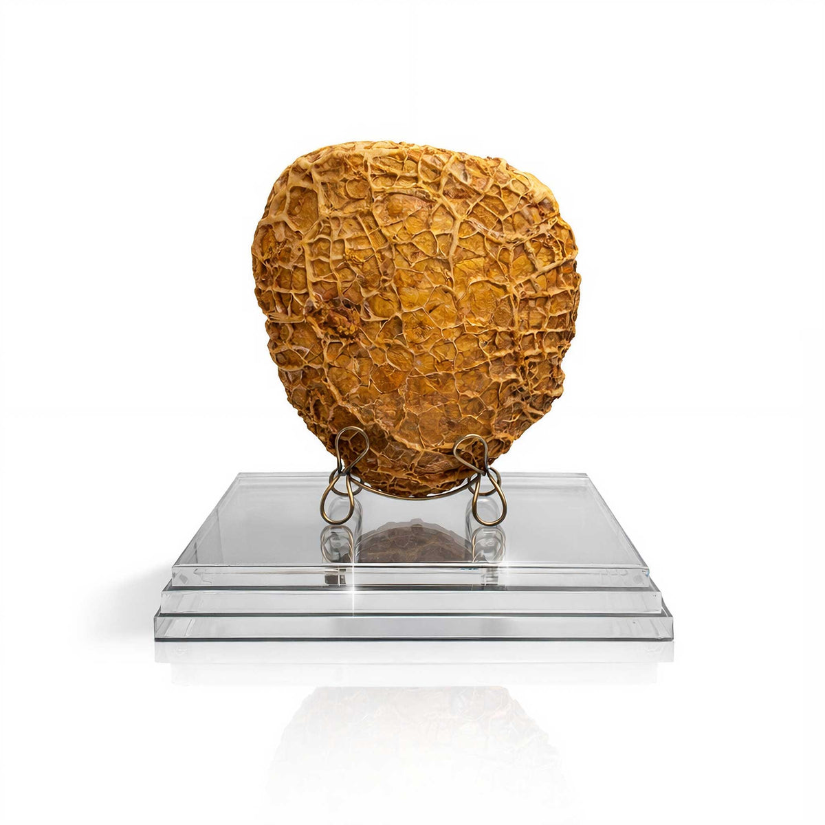 Decorative object resembling a textured sphere on a clear stand against a white background