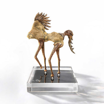 Bronze horse sculpture on a clear base with a white background